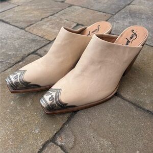 Free People Cream Leather Mules with Silver Detailing
